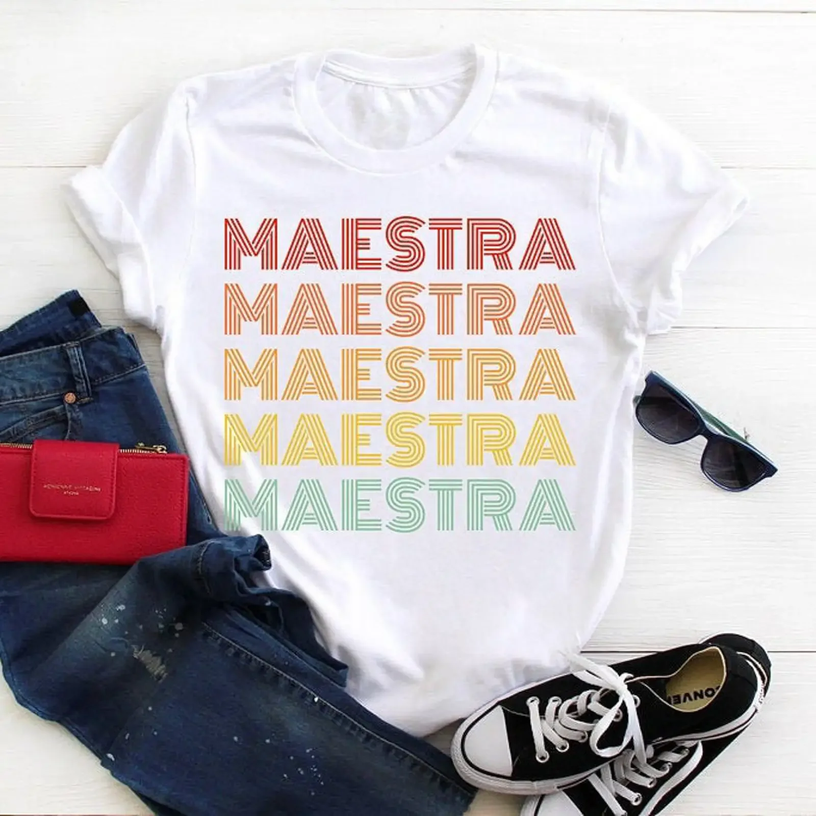 Maestra Rainbow Retro T Shirt Spanish Bilingual Teacher  vintage Washed Stylish Slightly Breathable designer clothes