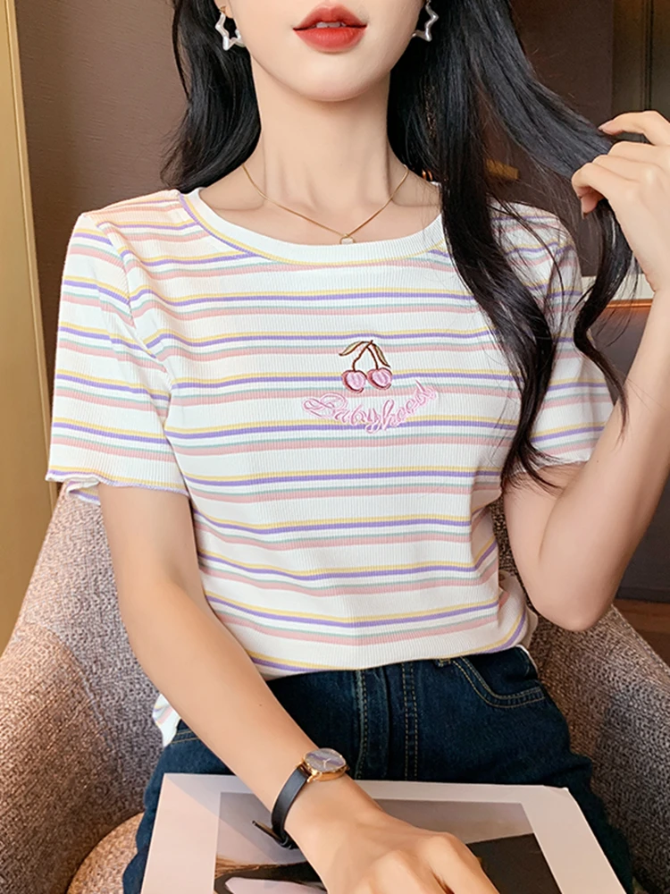 2023 Summer New Student Stripe Short Sleeve T-shirt Women's Embroidery Contrast T-shirt Front Shoulder Short Top