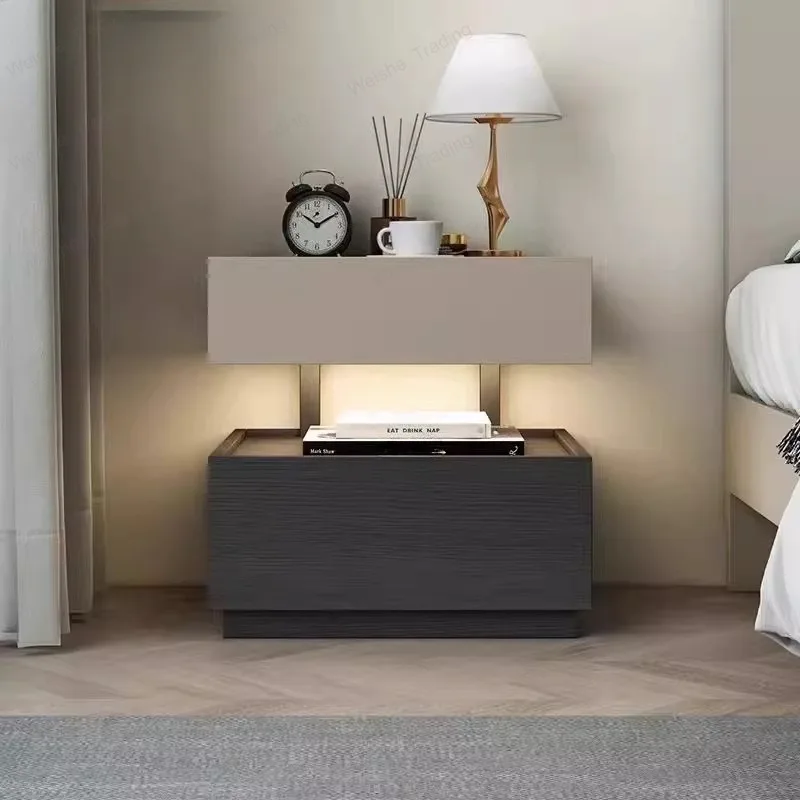 Italian minimalist bedside table modern suspended solid wood bedside cabinet plus sensor lamp bedroom building block locker
