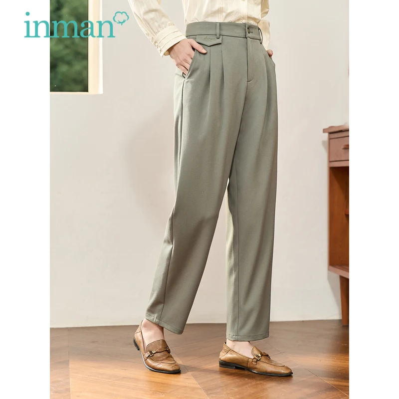 

INMAN Women Pants 2023 Autumn Elastic Waist Straight Long Trousers Pleated Design Fashion Casual Versatile Gray Pant