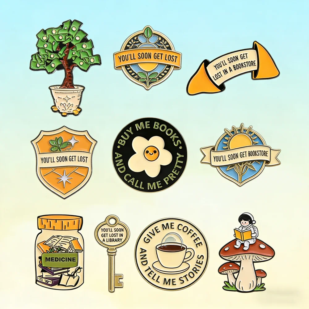 Whimsical Enamel Pins Set Money Tree Brooch Book Lover Banner Badge Avocado Astronaut Pin Buy Me Books Flower For Backpack Decor