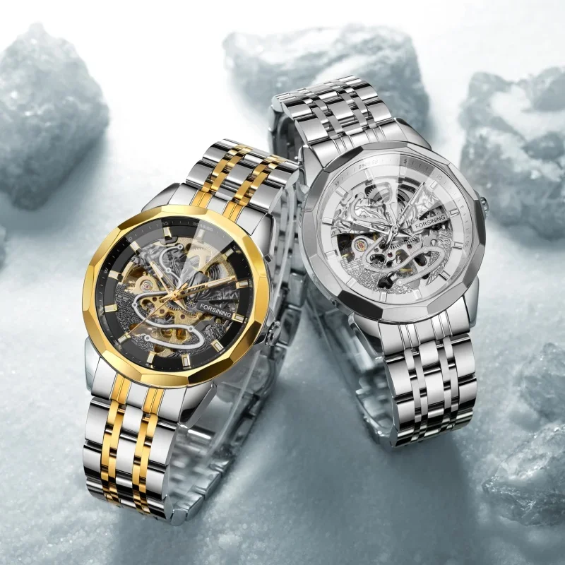 Reloj mecánico automático FORSINING 468A para hombre, correa luminosa de acero inoxidable, relojes de negocios de alta calidad para hombre
