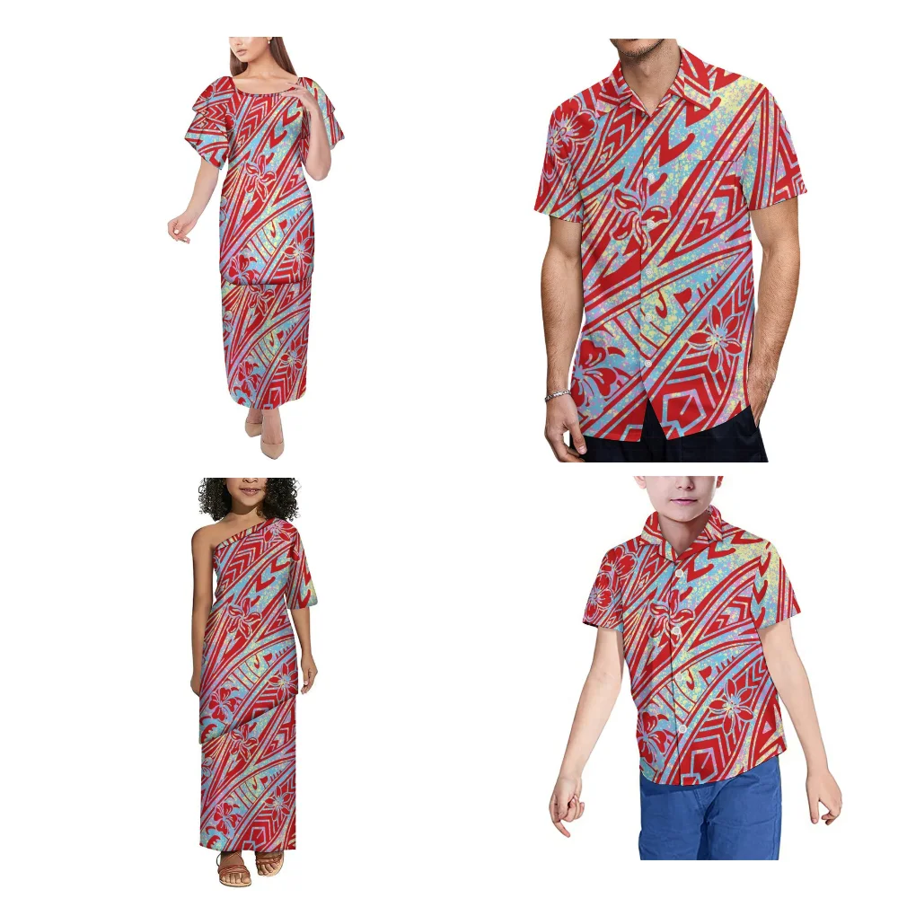 Polynesian Ladies New Dress Home Party Dress Custom Summer Short Sleeved Ladies Girls Puletasi Skirt Men Boys Pocket Shirt