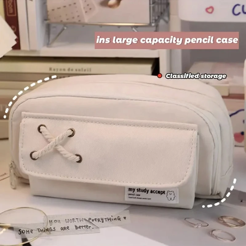 High-appearal-level Pencil Case with A Cross Design and LargeCapacityLayered Student Pencil Case Niche Essential Stationery Item