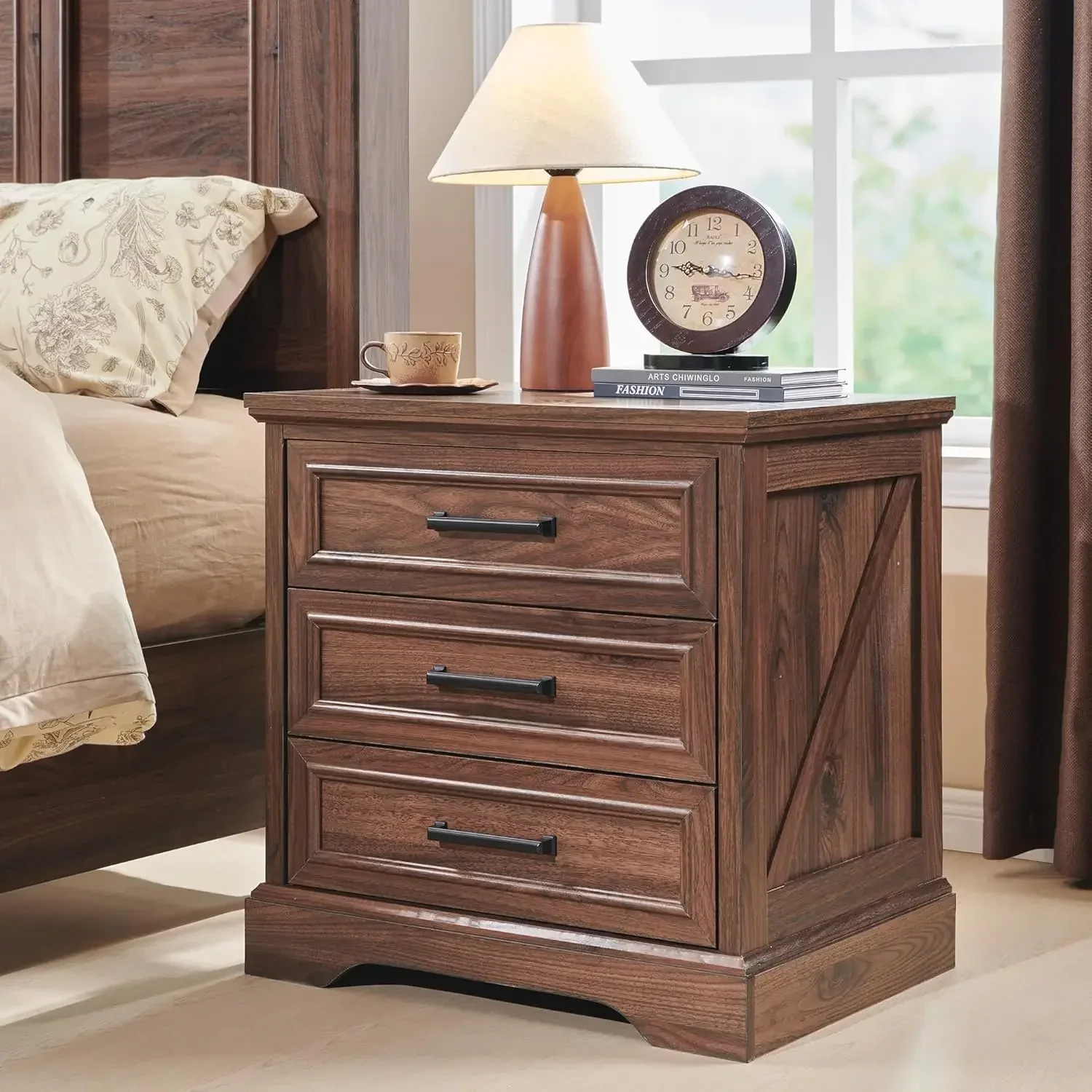 Rustic Brown Nightstand End Table with Charging Station and Three Drawers