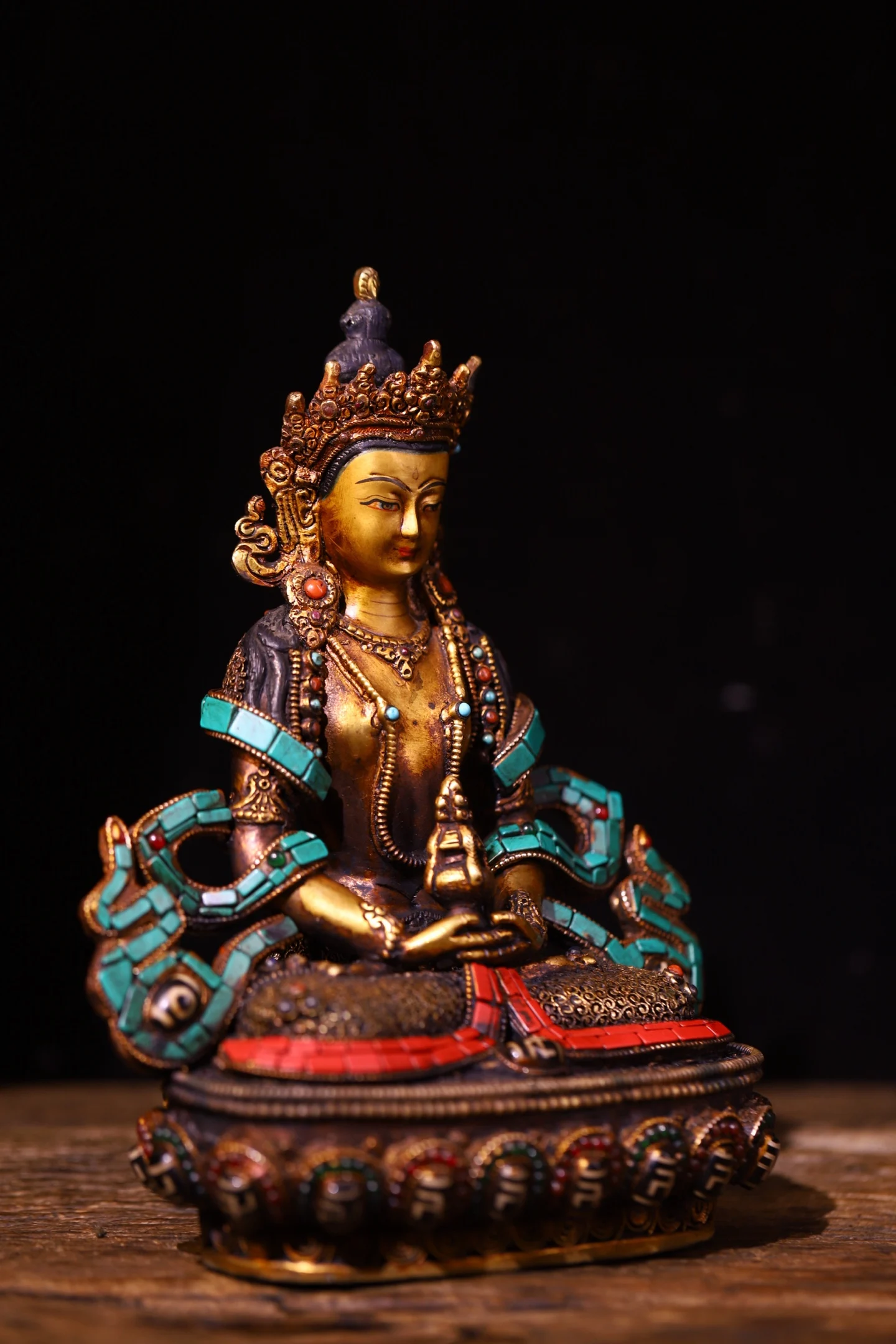 Old Bronze Mosaic Gem gZi Beads Turquoise Amitabha Longevity Buddha Amitayus  Lotus Buddha Terrace Worship Hall
