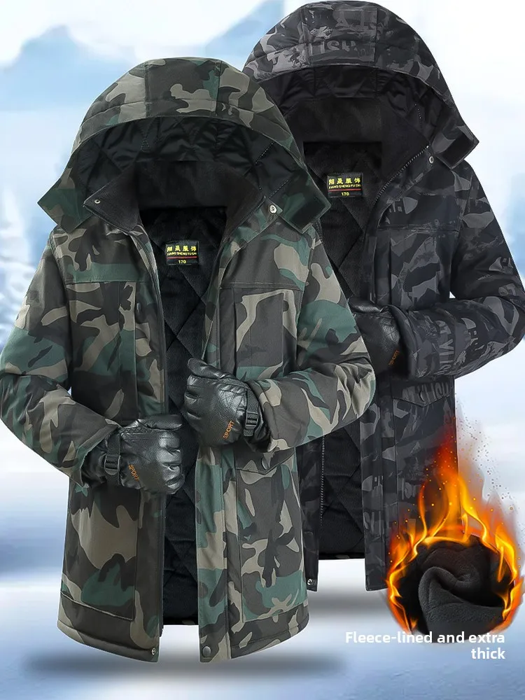 

Thickened Fleece Lined Camouflage Cotton Jacket for Men Winter Warm Windproof Waterproof Workwear Relaxed Fit Hooded Coat