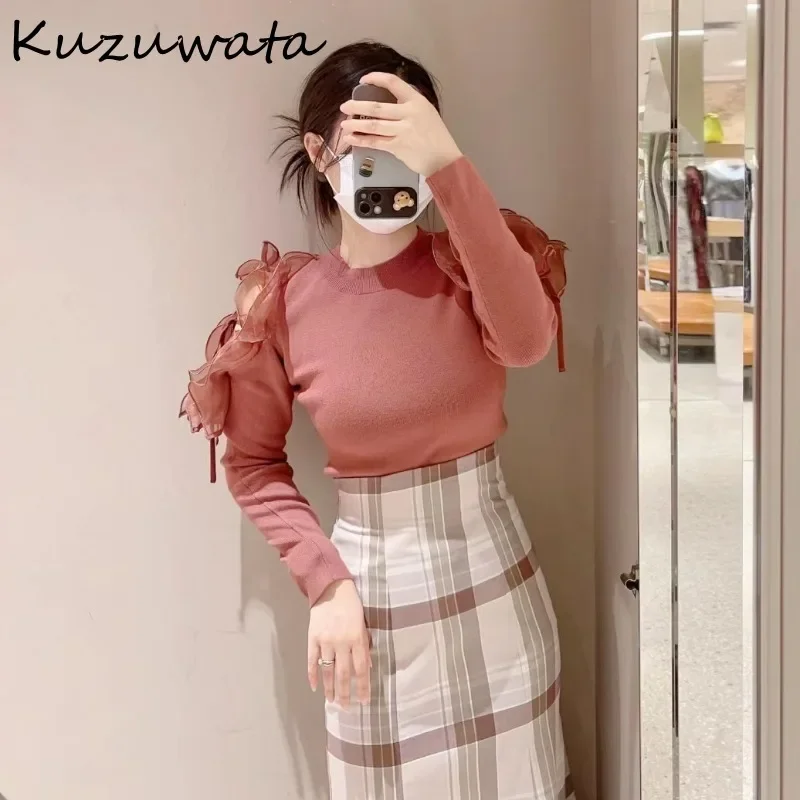 Kuzuwata O Neck Long Sleeve Sweet Fresh Jumper Shoulder Strapless Solid Elegant Fungus Pullovers Japan Knit Fashion Sweaters