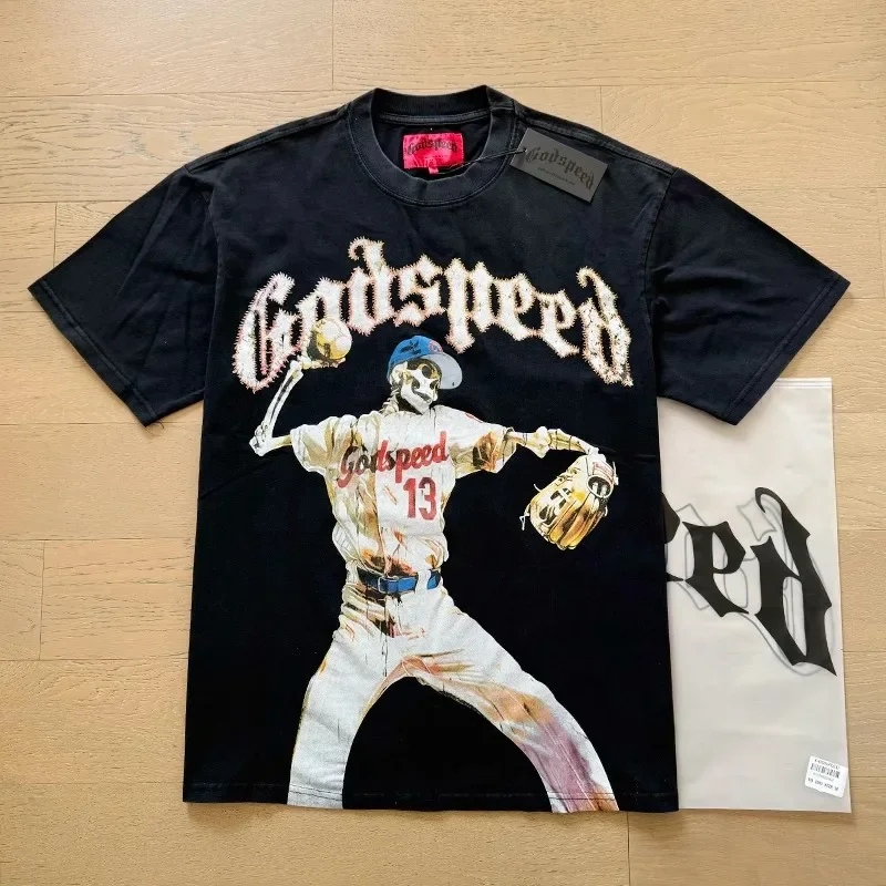 Godspeed Short Sleeve T Shirt Creative Skull Baseball Catcher T-shirt God Speed Oversized Casual Top Tee Streetwear