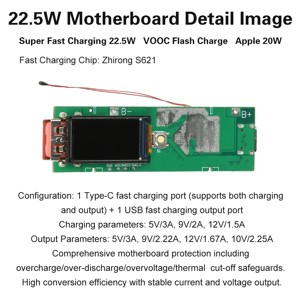 22.5W Fast Charging Module DIY Power Bank Kits Type-C+USB Interface Portable Power Charge Protection Board 21700 Battery Case ﻿