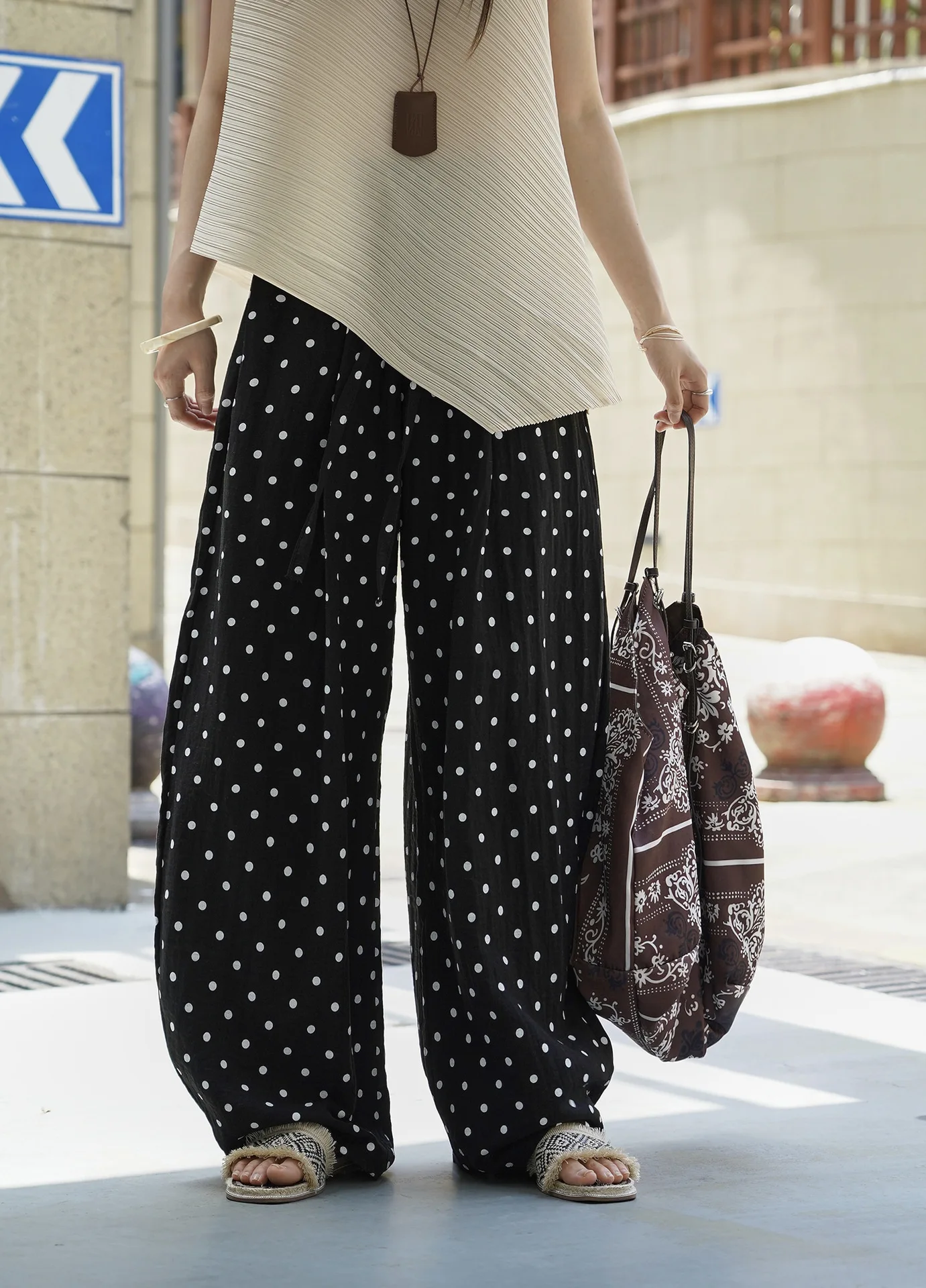 Pantalon d'été décontracté à pois pour femmes, imprimé, taille haute, ample, jambes larges