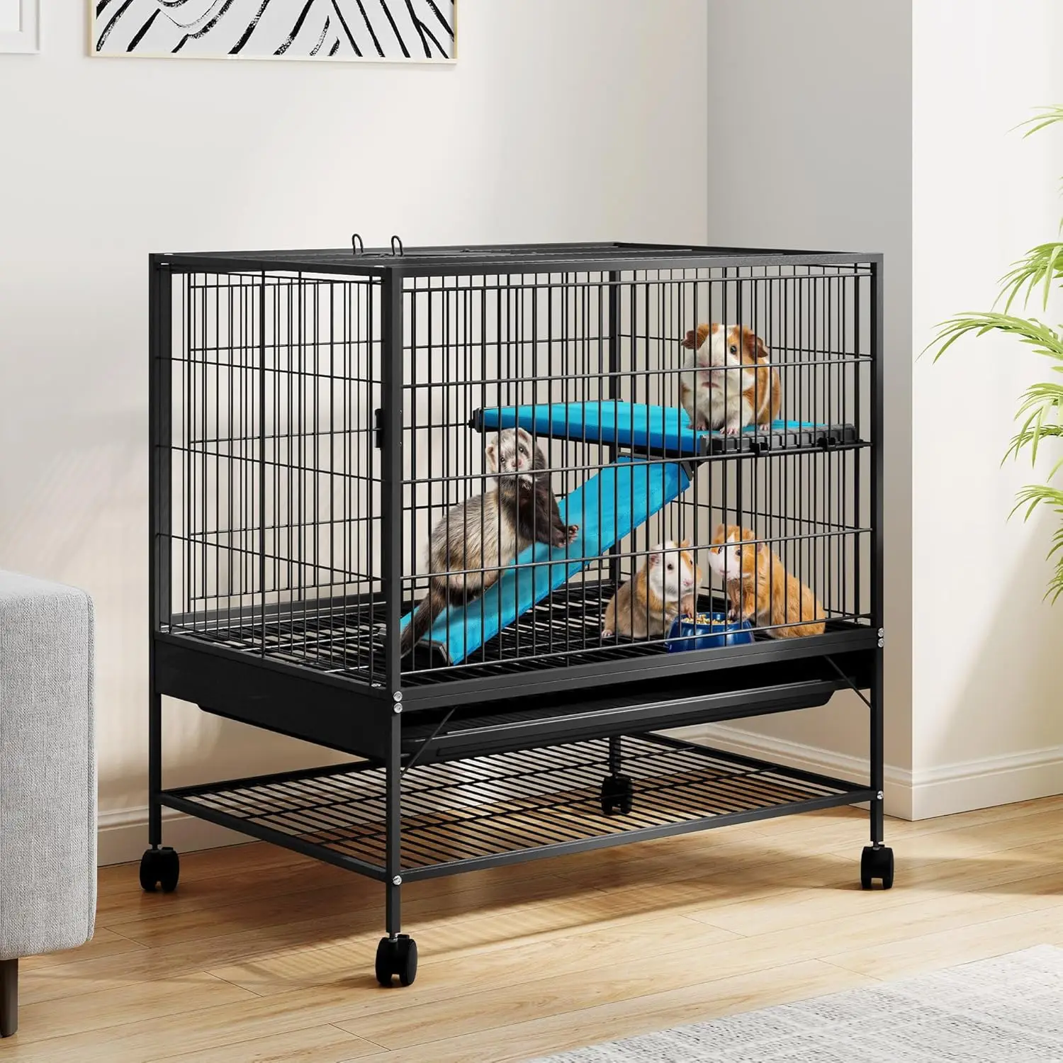 

2-Tier Small Animal Cage with Wheels, Indoor Habitat for Ferrets, Chinchillas, Guinea Pigs, Rabbits, Hedgehogs