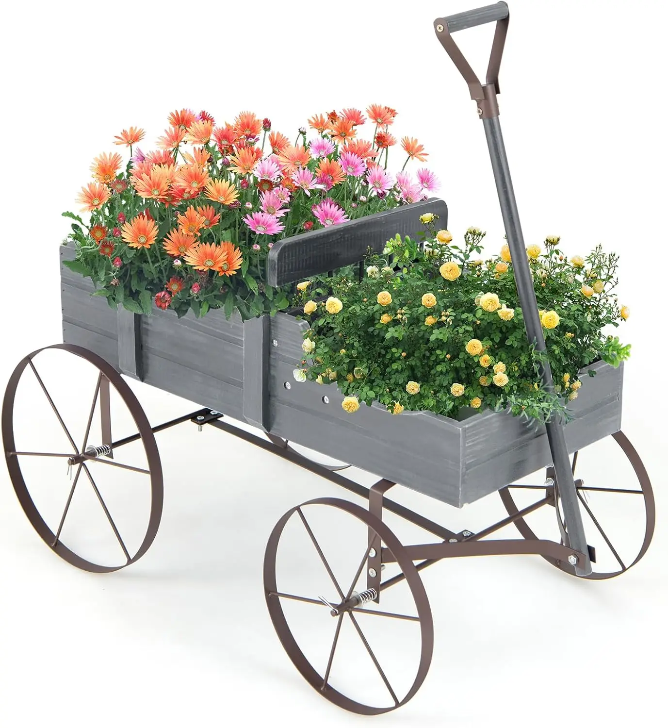 

Small Wagon Cart with Metal Wheels, Wood Raised Planter Stand for Backyard Garden Patio, Gray 24.5"Lx13.5"Wx24"H