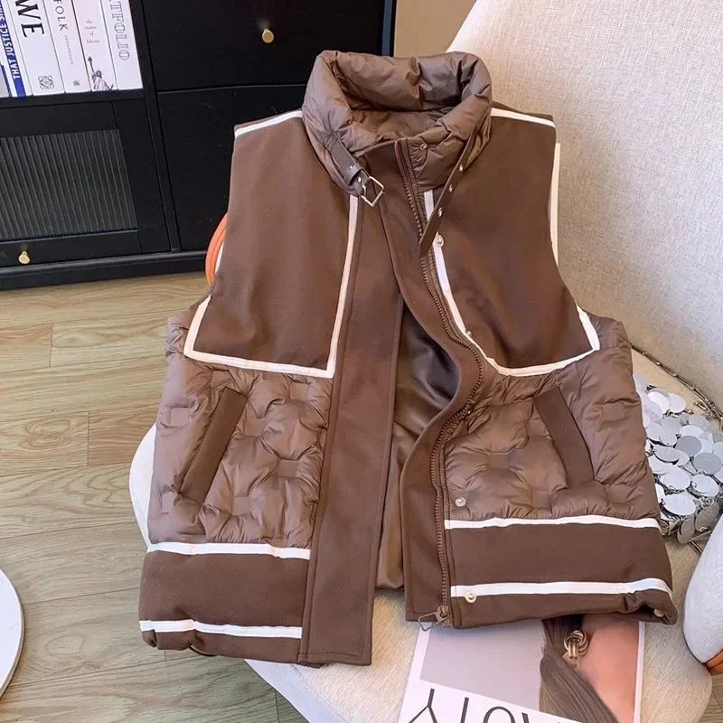 

Splicing Woolen Down Cotton Vest Female 2024 Autumn and Winter Clothes New Stand Collar Leather Buckle Waistcoat Female Trend