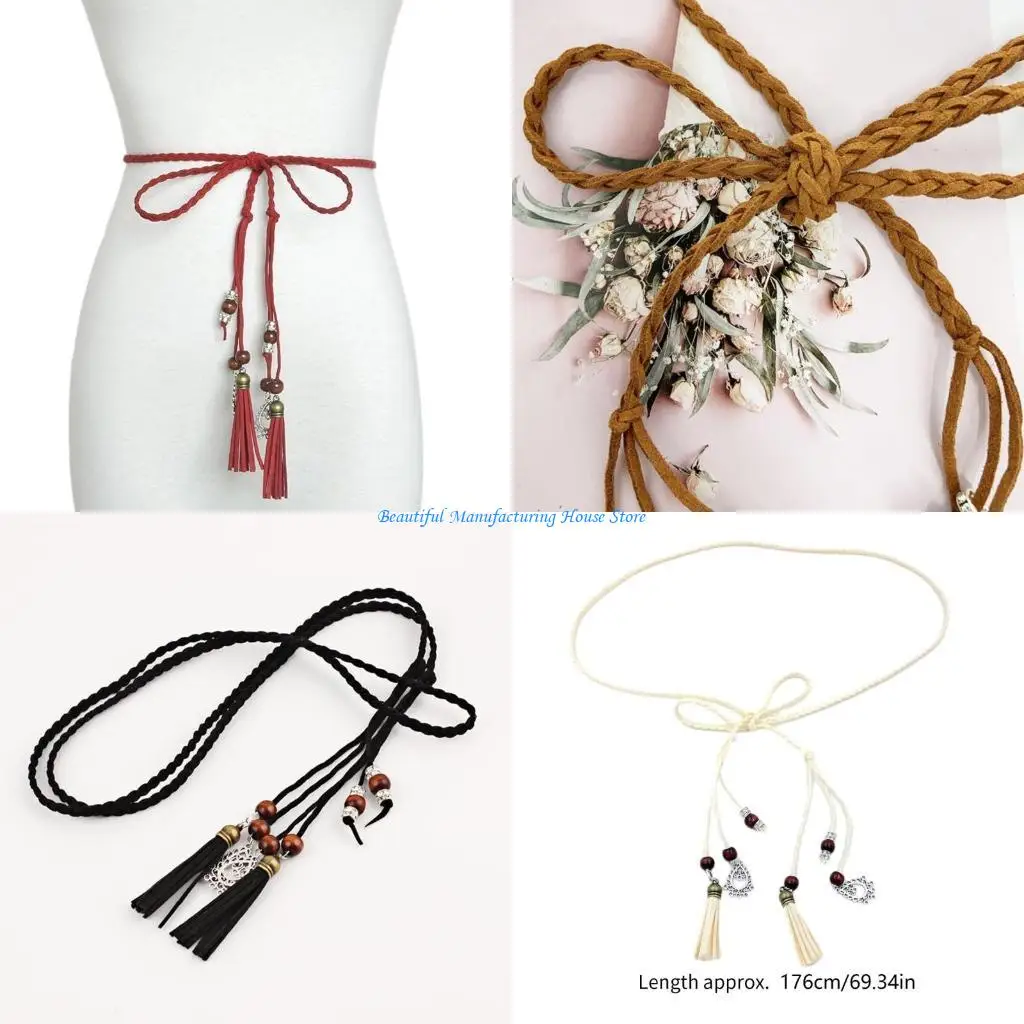 E56A Vintage Handmade Braided Belt for Women Fringe Beaded Decors Ladies Dress Belt