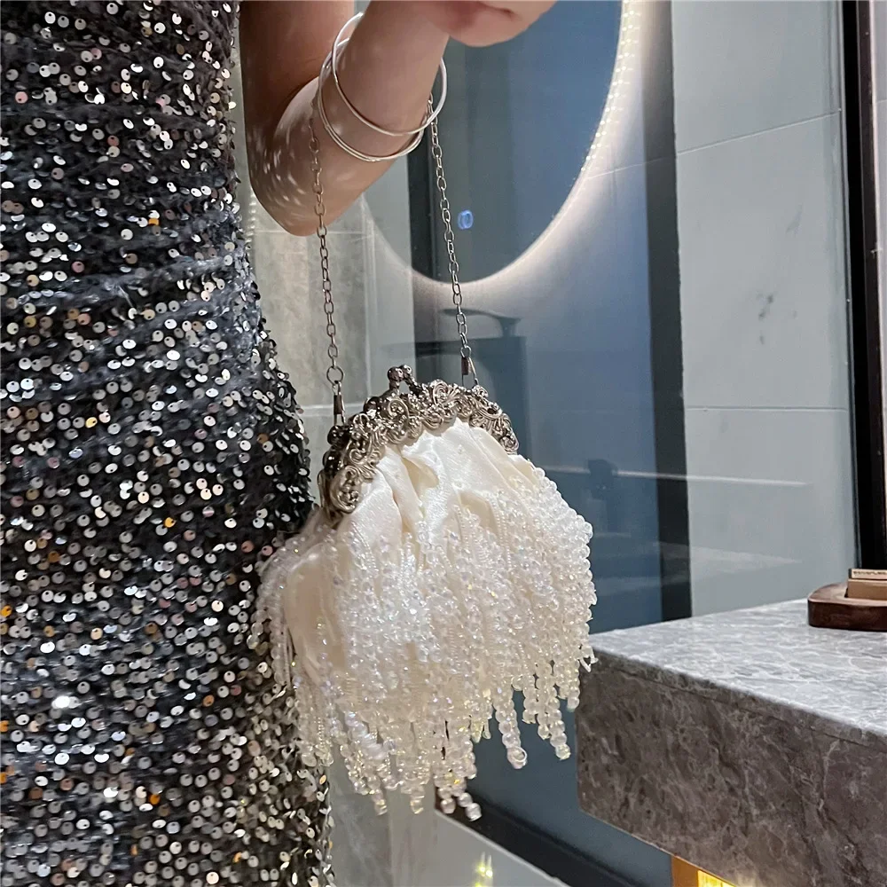 Beaded Tassel Gold Bag Lady Pearl Chain Satin Small Bag Purses and Handbags  Purses and Handbags Luxury Designer  Evening Bags