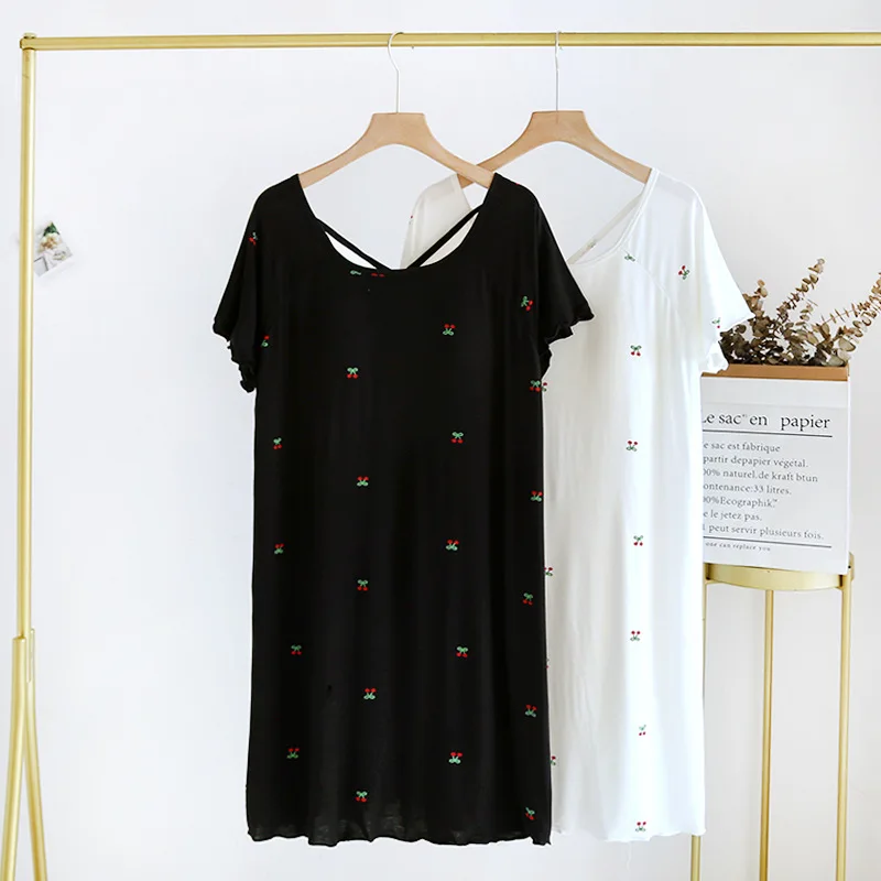 Women's Modal Short Sleeve Nightgown with Built-in Bra Cherry Print Soft Thin Midi Sleep Dress Loungewear for Summer
