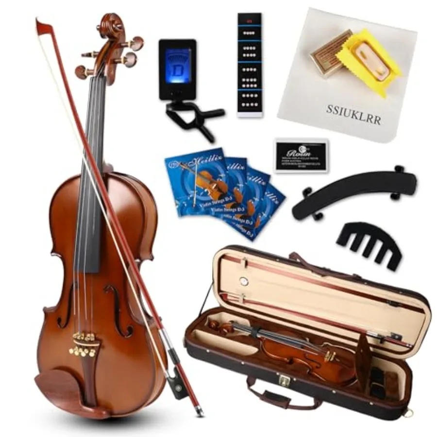 

Violin 4/4 Full Size Complete Set for Adults Teenagers Students Solid Maple Wood Violins with Rosewood Fittings Case Spare Stri