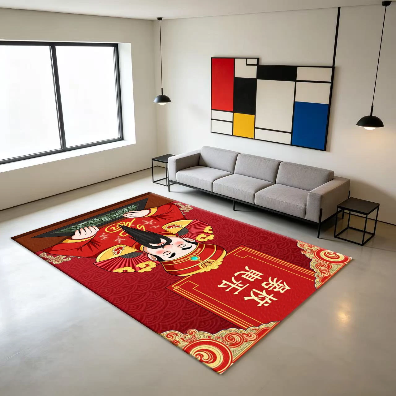 Traditional Chinese God of Wealth Carpet, Holiday Vintage Print Carpet, Suitable for Entryway, Living Room, Home Decoration