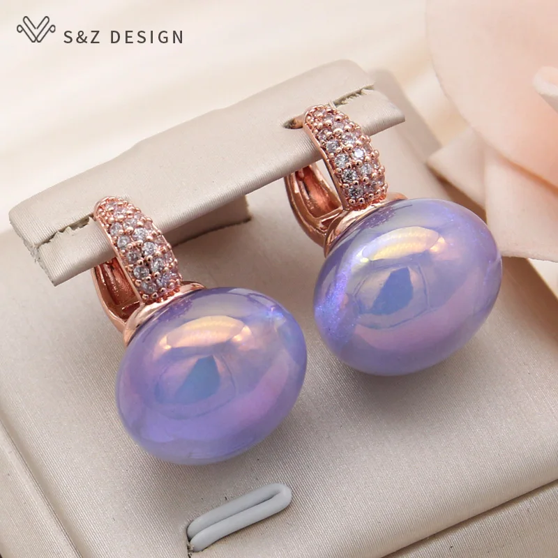 S&Z DESIGN New Fashion Colorful Beads Dangle Earrings For Women Wedding 585 Rose Gold Color Jewelry Cubic Zirconia Eardrop