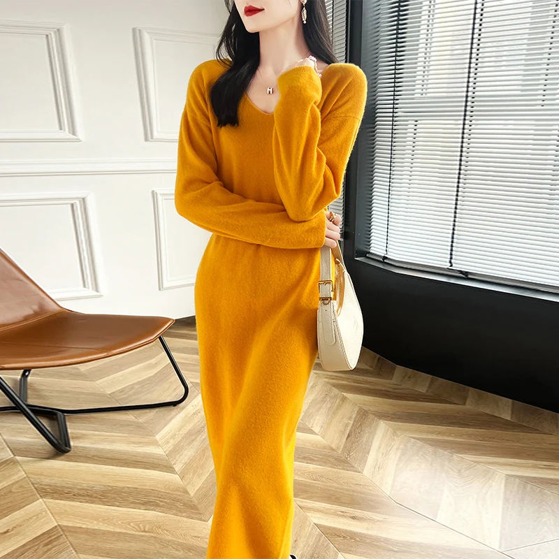 Vestido de lana 100% estilo perezoso con cuello en V para mujer Otoño Invierno manga larga Color sólido Jersey holgado vestido de punto