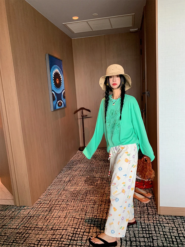 

Women's High Waist Wide Leg Pants Elastic Waist Printed Belt Korean Sle Commute Cotton Long Trousers Spring 2025 New Arrival