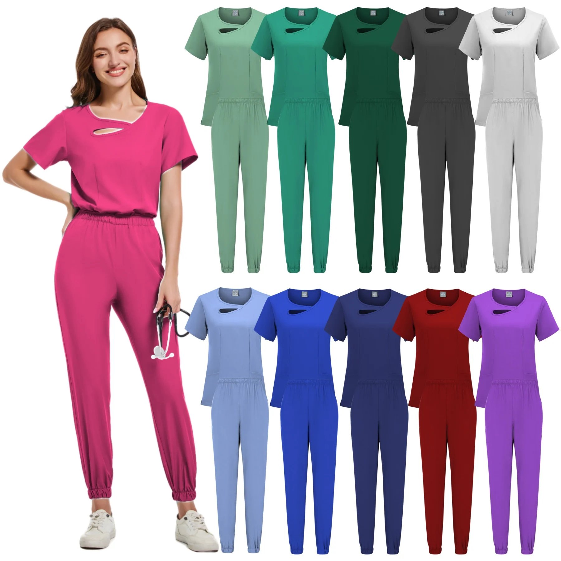 Stretch Scrub Top e Calças Conjunto, Uniformes Médicos, Uniforme de enfermeira, Médico Cirurgia Macacão, Salão de beleza Workwear, Novo