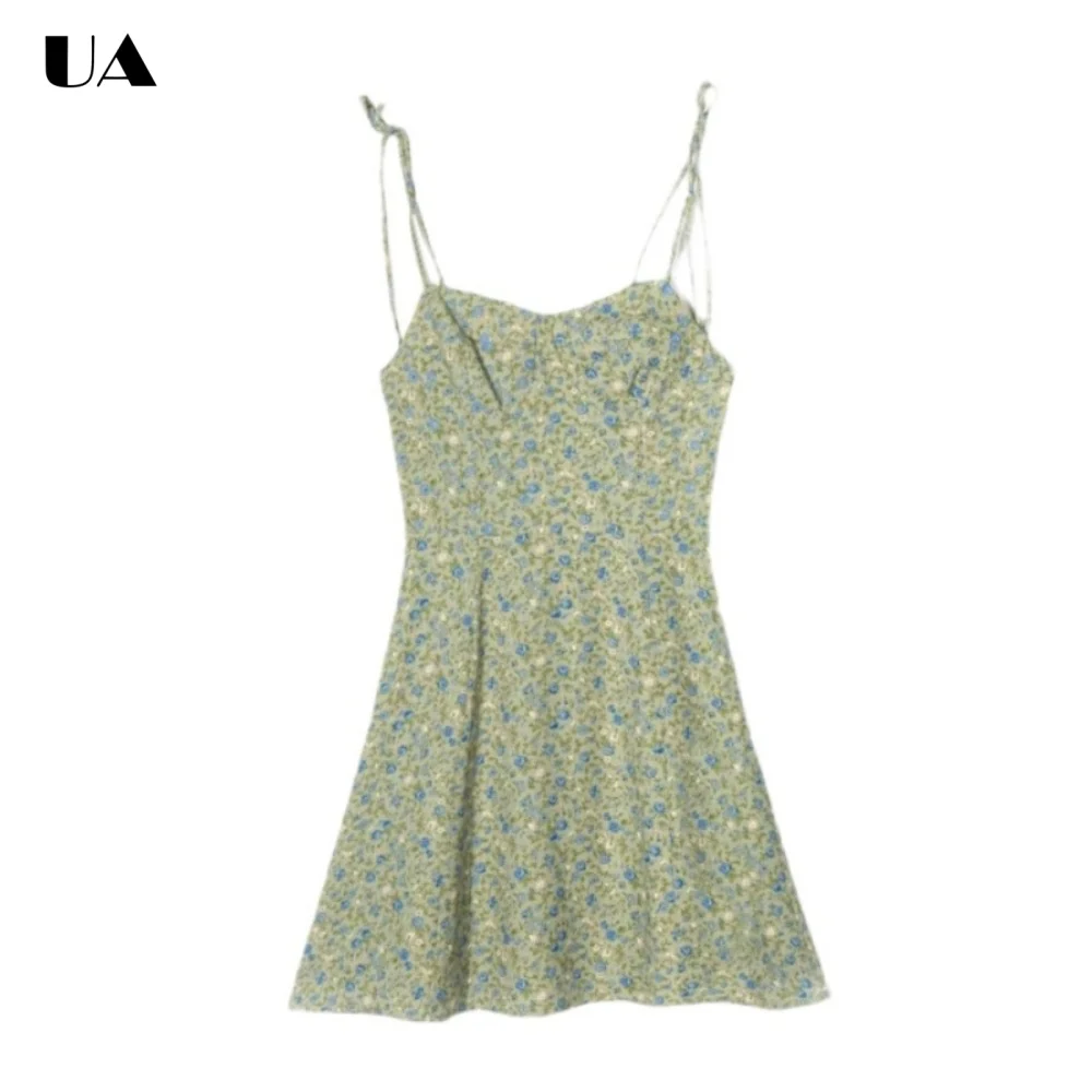 

Trendy Flower Printed Fit-and-flare Mini Dress, Sweet Tied Spaghetti Strap Short Dress for Woman, Vacation Style Zipped Dress