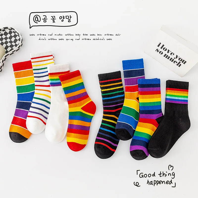 3 Pairs of Kids\' Rainbow Striped Fashion Trend Cool for Boys and Girls Comfortable Breathable Student Cotton Socks