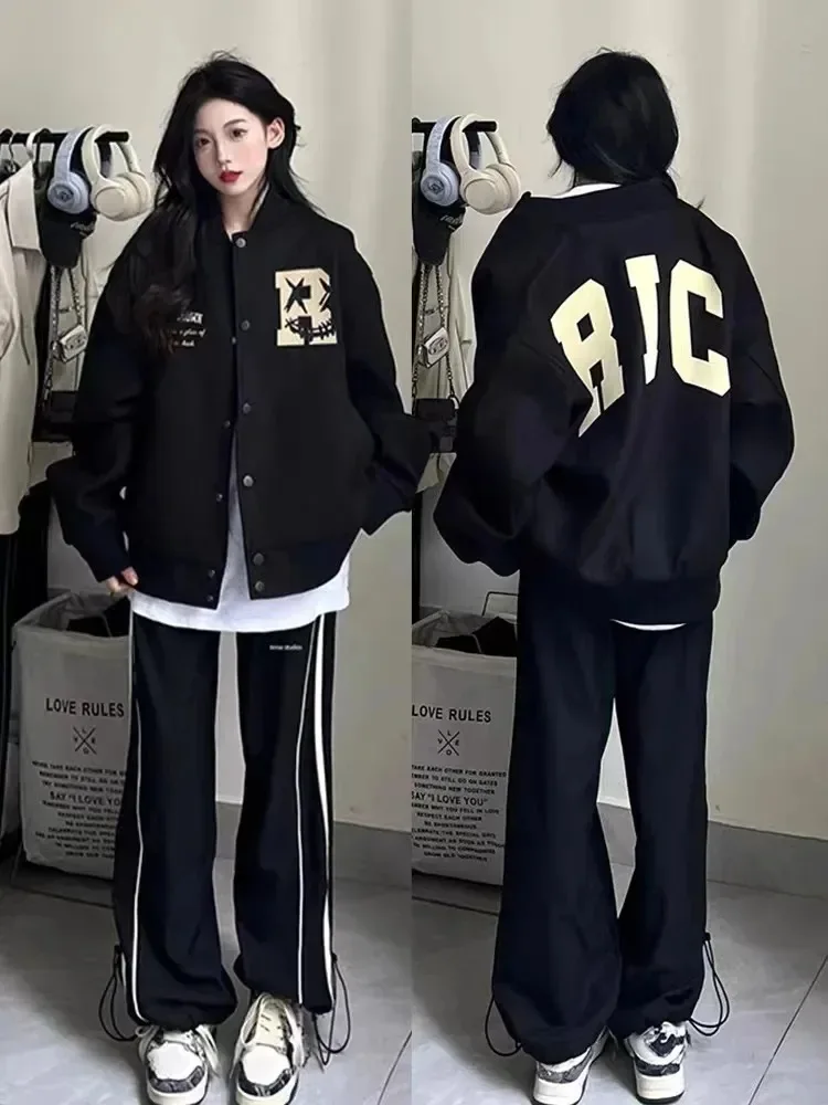 Women 2025 Autumn Black Retro Letter Print Baseball Jacket Loose Versatile Sport Top Long Sleeve Trend Casual Jacket Clothing