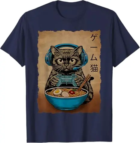 Gamer-Katze Lustige Geschenke für Teenager Jungen Japanische Ramen-Katze Gaming T-Shirt Y2k Anime Kätzchen Nudeln Essend Maga Grafik Kleidung Comic Tee – Detail 8
