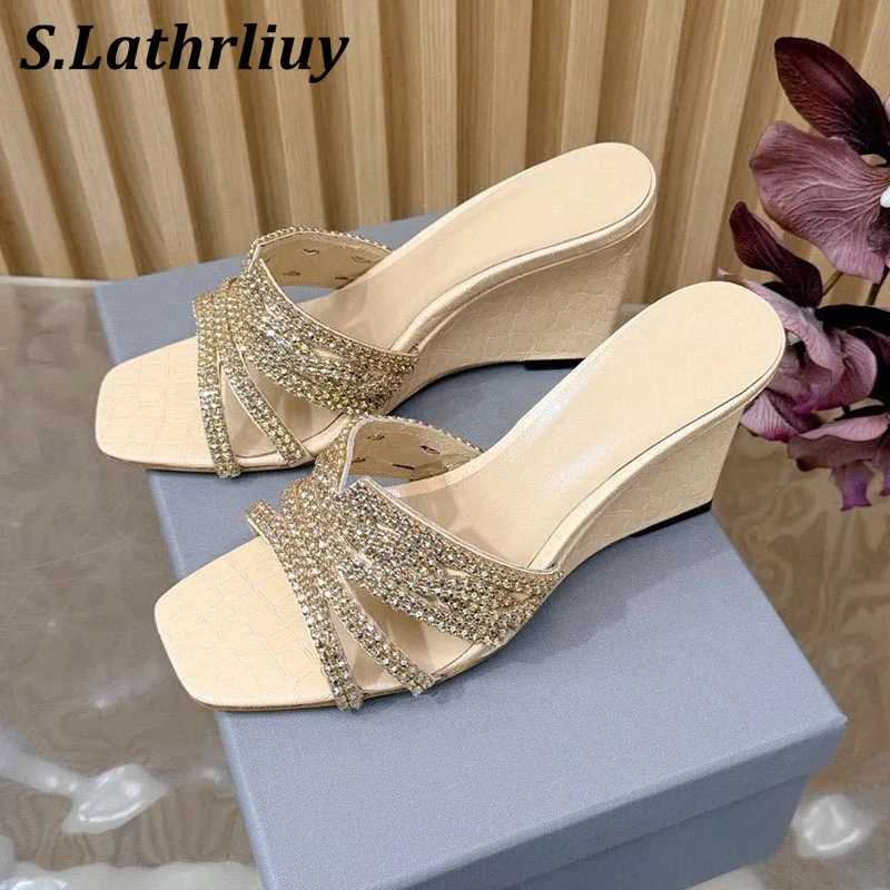 New Summer Rome Wedges Slippers Shiny Rhinestone Square Toe Sandals Women's Fashion Party Shoes Ladies' Versatile Single Shoes