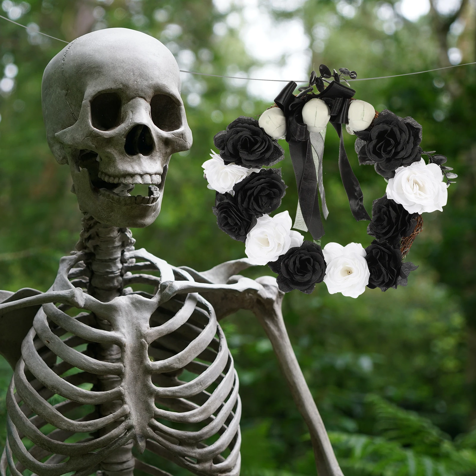 

Creative Halloween Door Hanging Decor Ghost Skull Wreath Black White Flower Party Supply Outdoor Novel Hanging Prop Festival