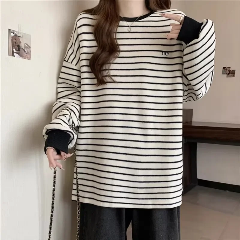 Thickened Fleece Long Sleeve Striped T-Shirt Women's Loose Korean Style Inner Wear Base Shirt Velvet Brushed Upper Apparel