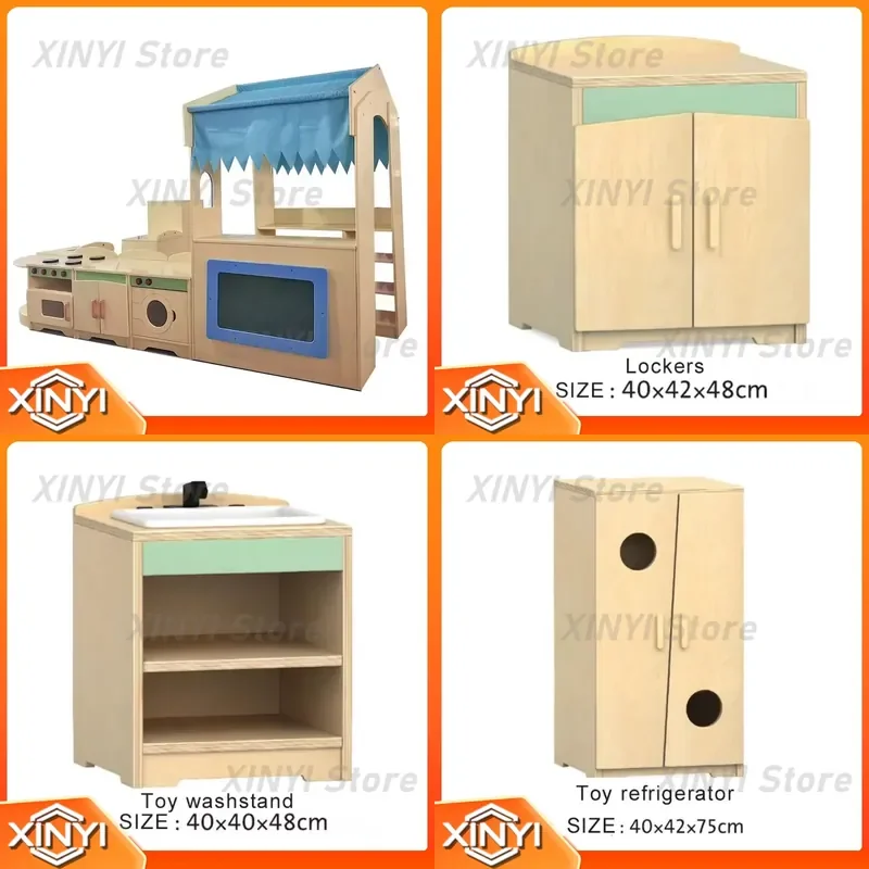 Solid Wood Simulation Kitchen Combination Cabinet for Kids Toy Storage Unit for Kindergarten Children Playroom Furniture