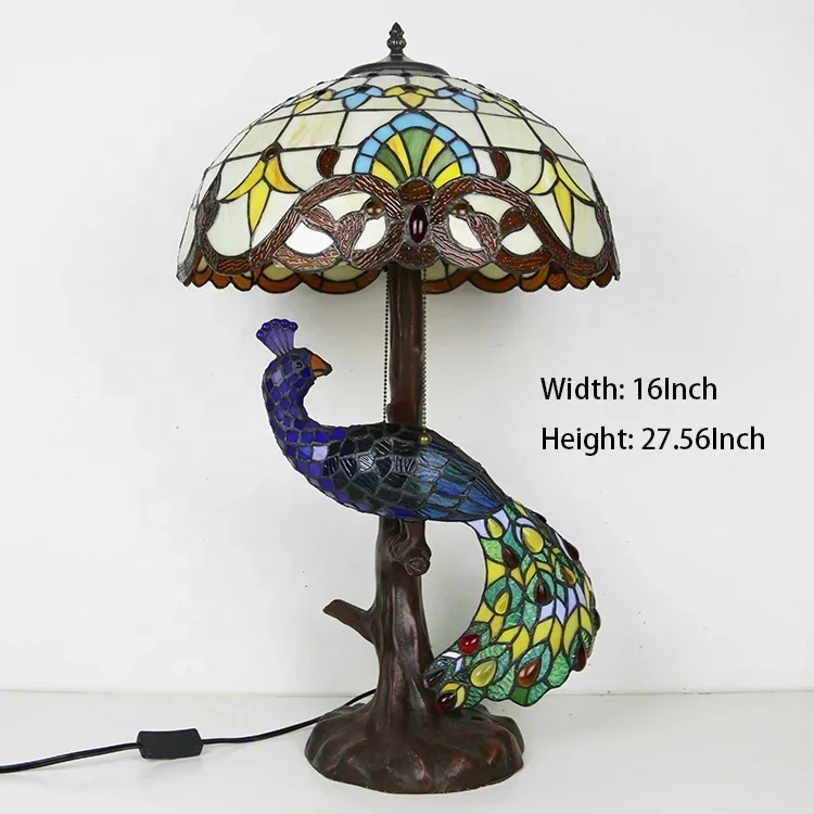 Longhuijing Elegant Baroque 16" Tiffany Style Stained Glass Table Lamp with Peacock Base