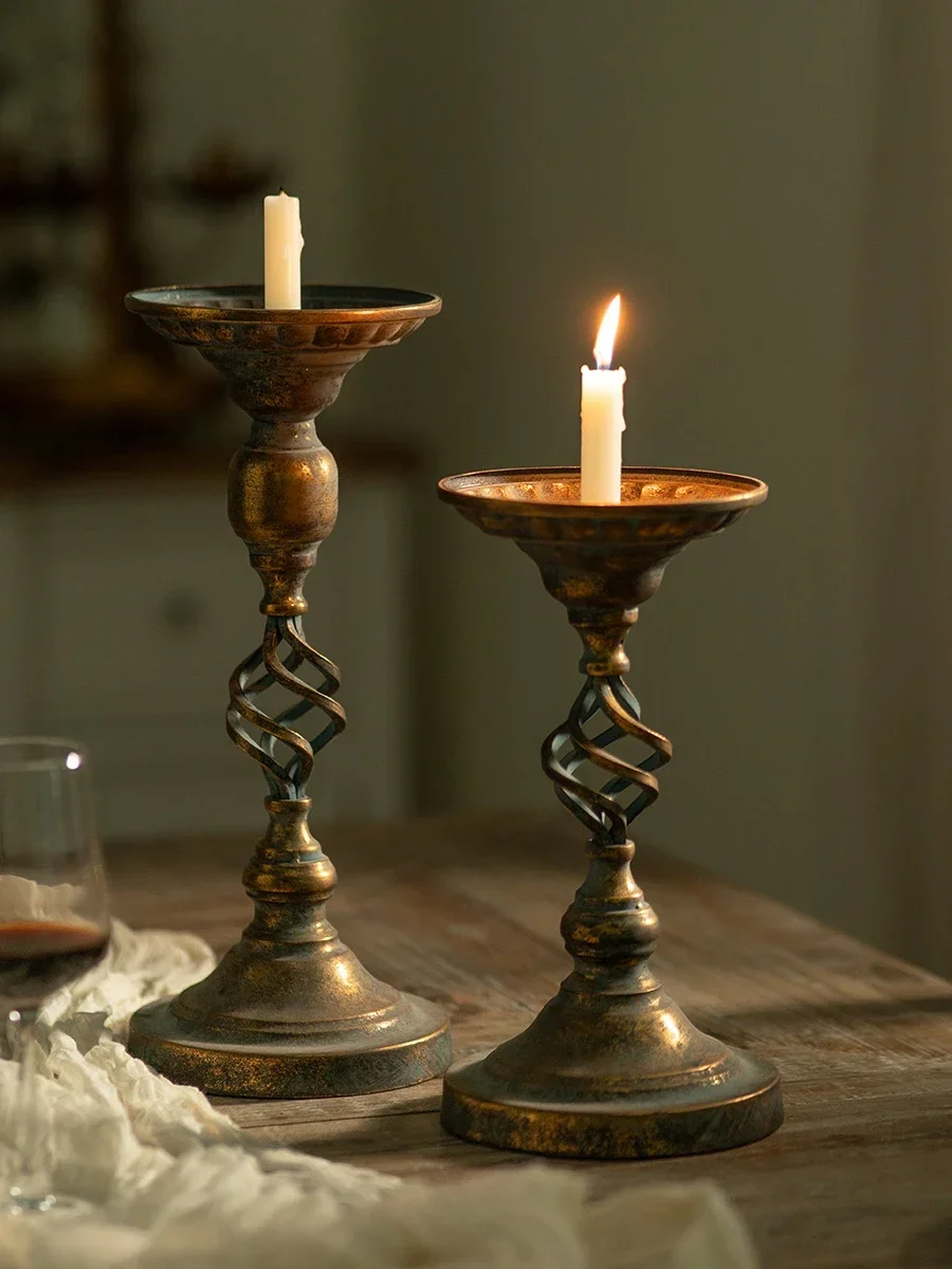 Vintage Iron Taper Candle Holder with Brass Patina and Twisting Open Design, Candlestick Props, Table Ornament, Home Decoration