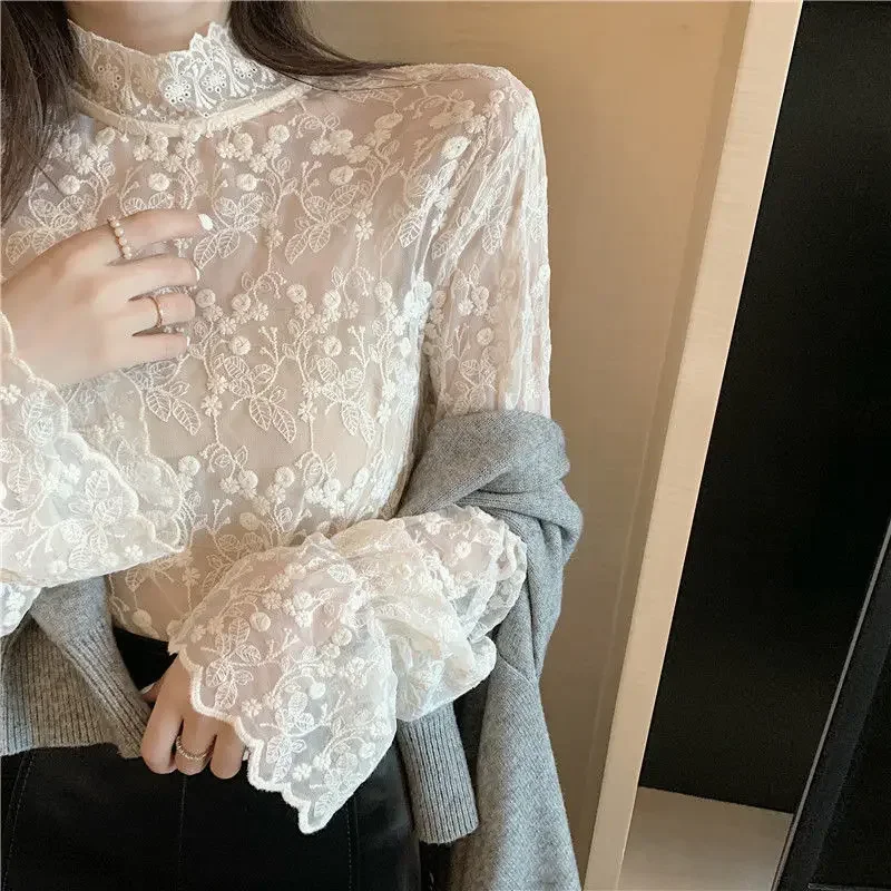 Blouse Women Lace Shirt Mesh Women\'s Lace-Collared Blouse Autumn and Winter Small Shirt Blusas Ropa De Mujer