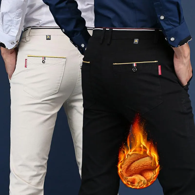 

Мужские повседневные брюки прямого кроя на флисовой подкладке, утепленные длинные брюки для осени и зимы, повседневные брюки из смесового хлопка для бизнеса