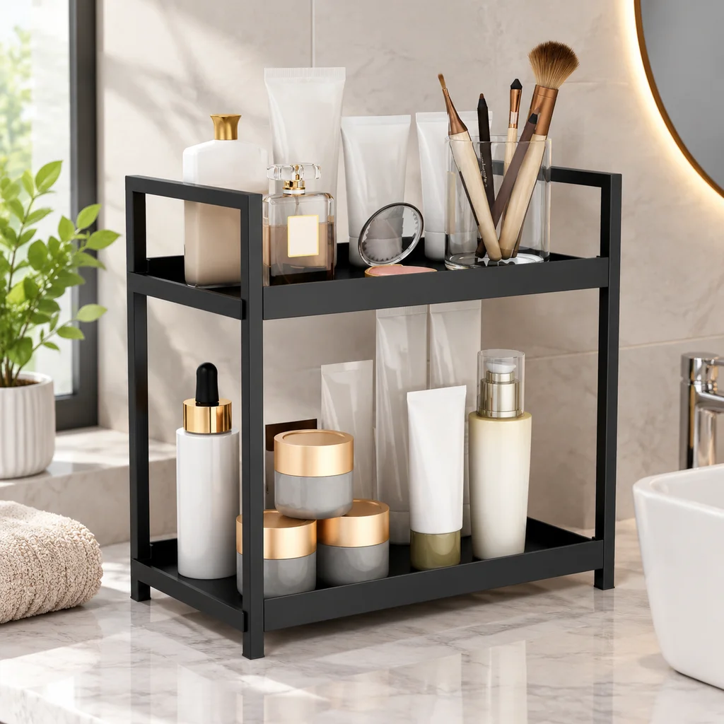 2 Tier Desk Organizer Plastic Multipurpose No Drill Storage Shelf Rack For Perfume Cosmetics Kitchen Bedroom White Black