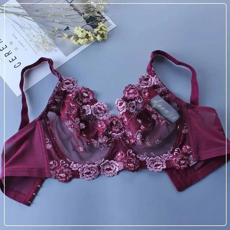 Prześwitujące biustonosze dla kobiet Ultra cienka koronka Bralette fiszbiny Push Up Plus duże rozmiary Top Bh lato 34 36 38 40 42 44 46 E F G Cup
