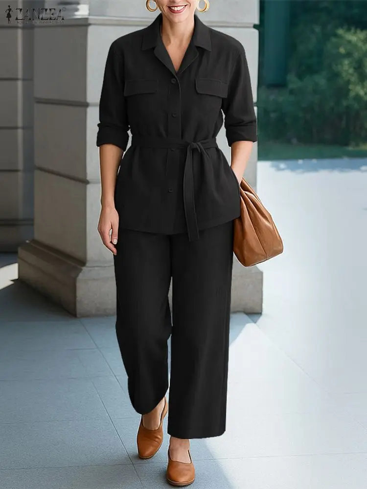 

2025 Autumn Pant Sets Elegant Women 2 Pieces Sets ZANZEA Fashion Lapel Neck Long Sleeve Shirt Trousers Solid OL Work Tracksuit
