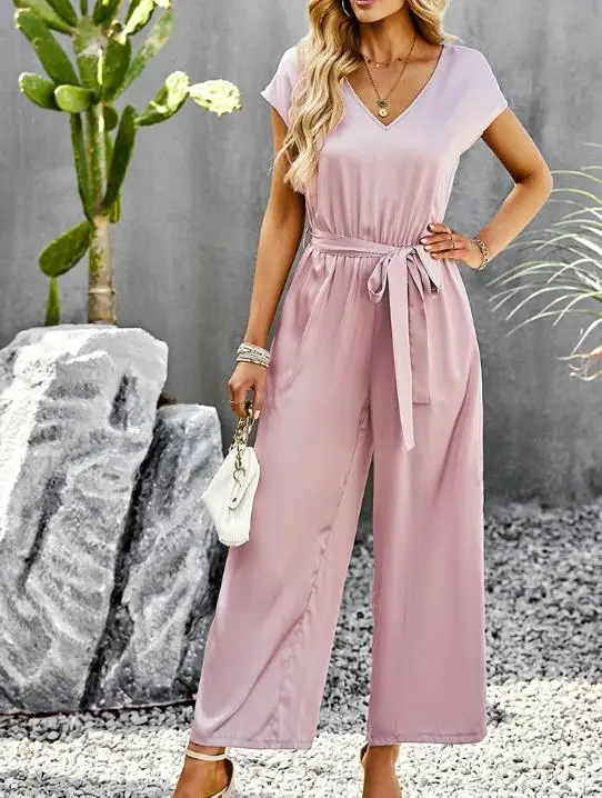 

2026 Short Sleeved Solid Color Jumpsuit Feminine Temperament Commuting Loose Wide Leg Pants