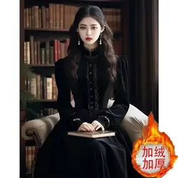 French Retro Court Style Black Velvet Dress for Women's Autumn and Winter Banquet Dress Fashion Solid Color Long Sleeved Dresses