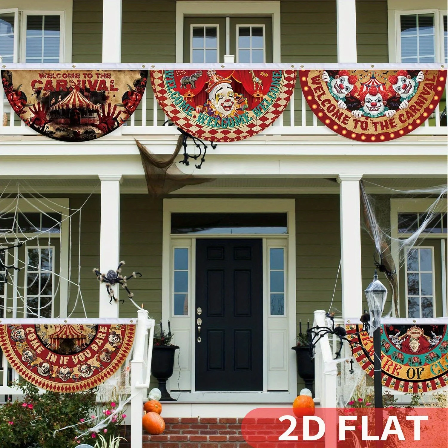 

6 Pcs 2D FLAT Halloween Carnival Clown Fan Bunting Flag Banner, 3x1.5ft(90x45cm) Welcome to The Carnival Garden Half Fan Banner
