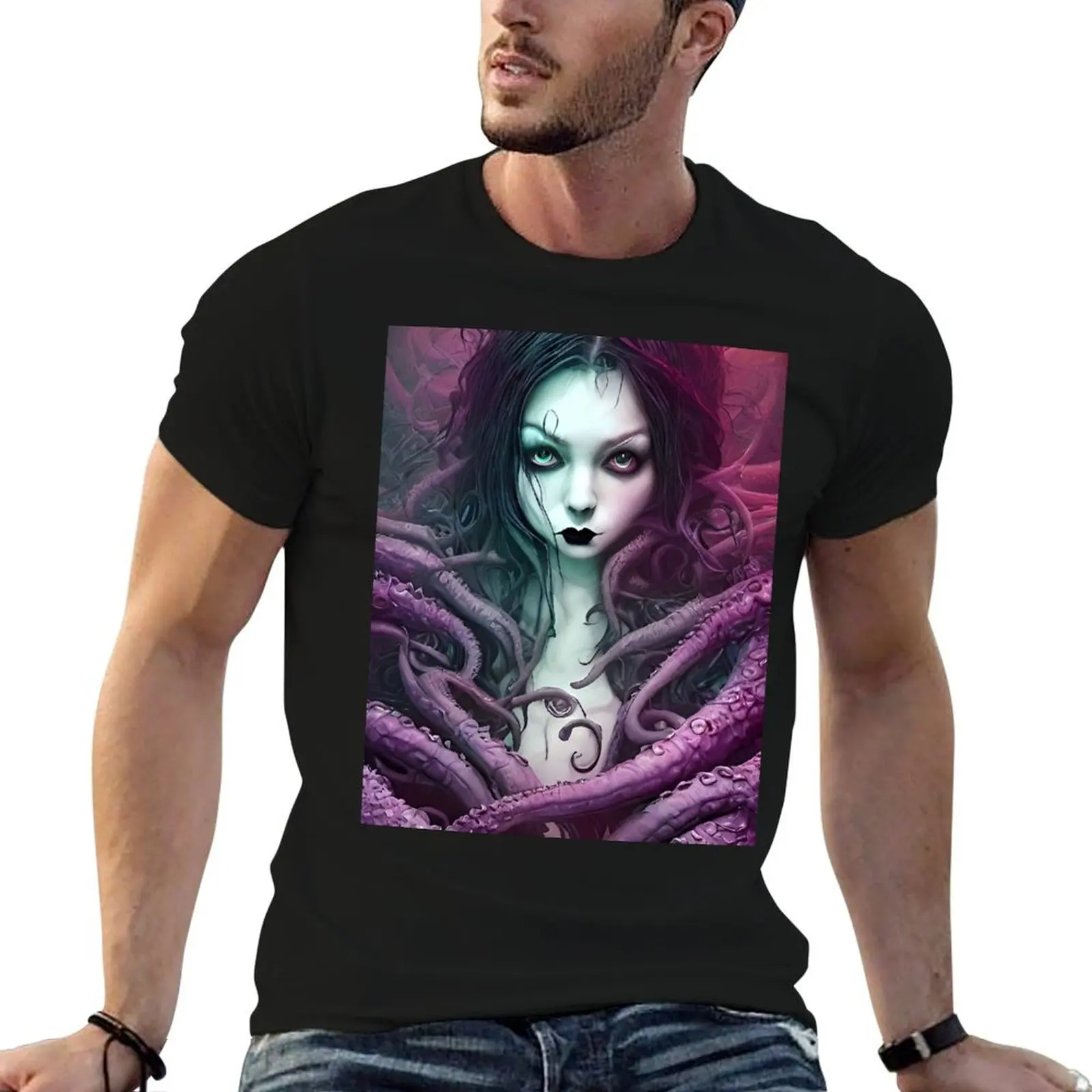 A beautiful gothic girl with purple tentacles wrapped around her in a Cthulhu loving embrace T-Shirt Holiday Party Tee Shirt