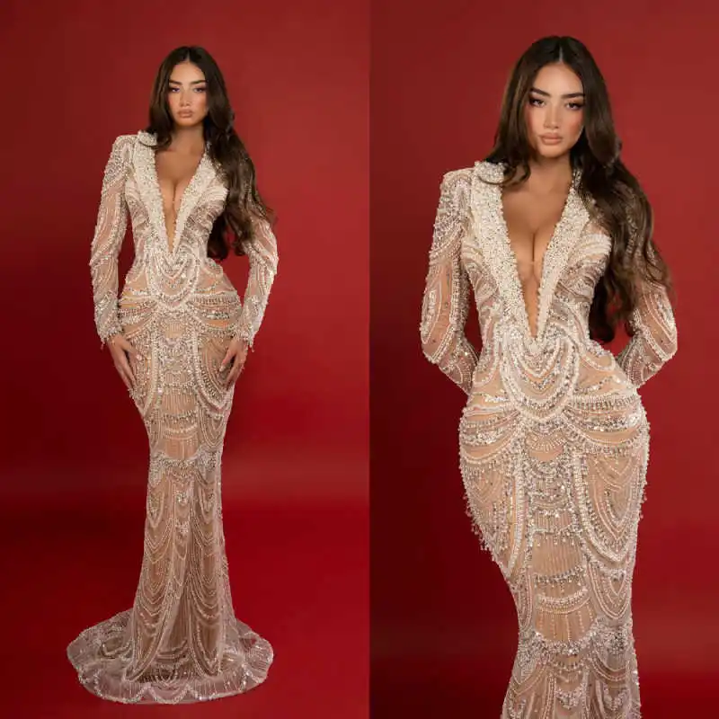 

Illusion Mermaid Evening Dress V Neck Beaded Sequins Prom Gowns Luxury Pearls Long Sleeve Floor Length Party Dresses Customized
