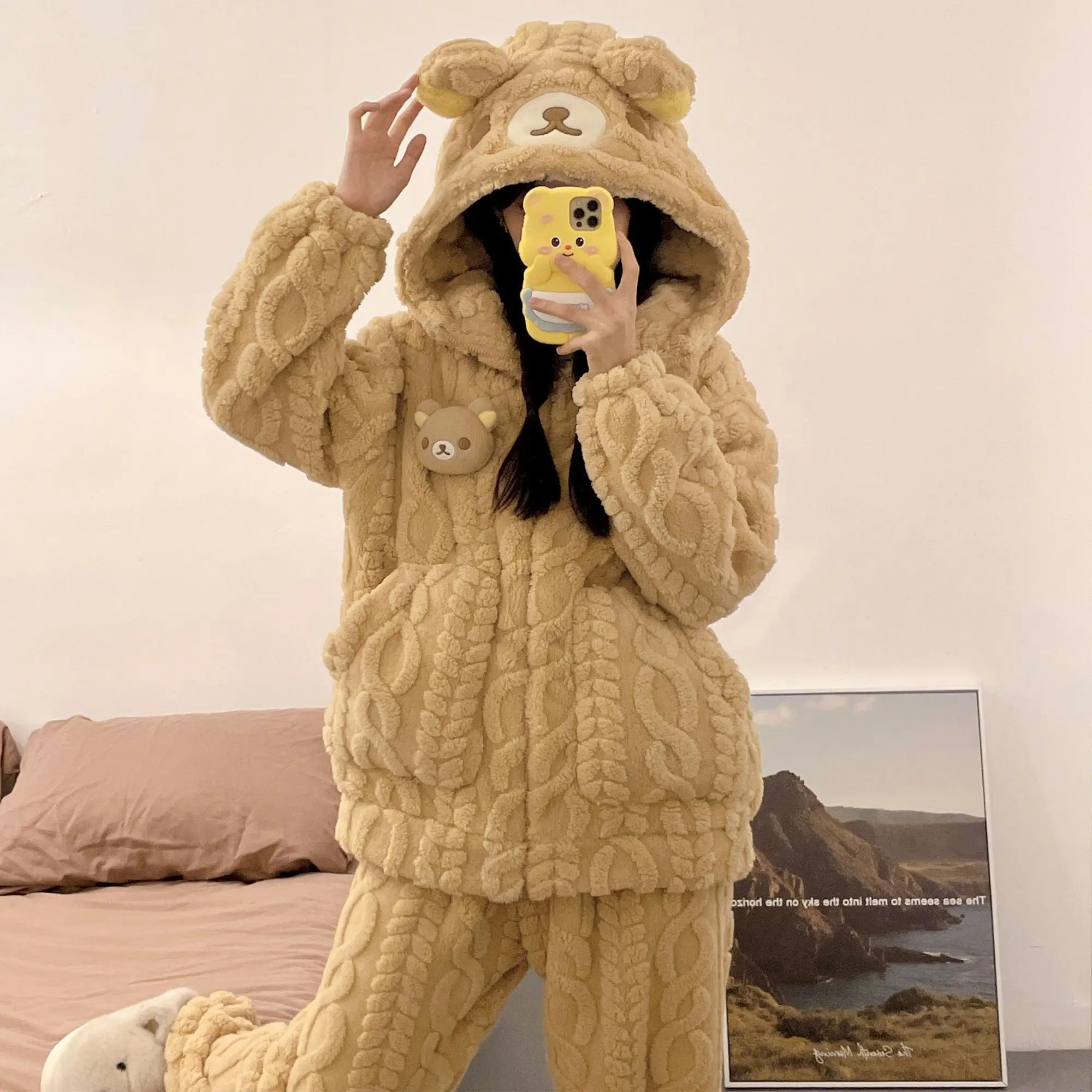 Kawaii Rilakkuma 여성 가을 ​​겨울 면화 따뜻한 투피스 세트 학생 만화 귀여운 Y2k 소녀의 가정 의류 소녀의 선물 장난감