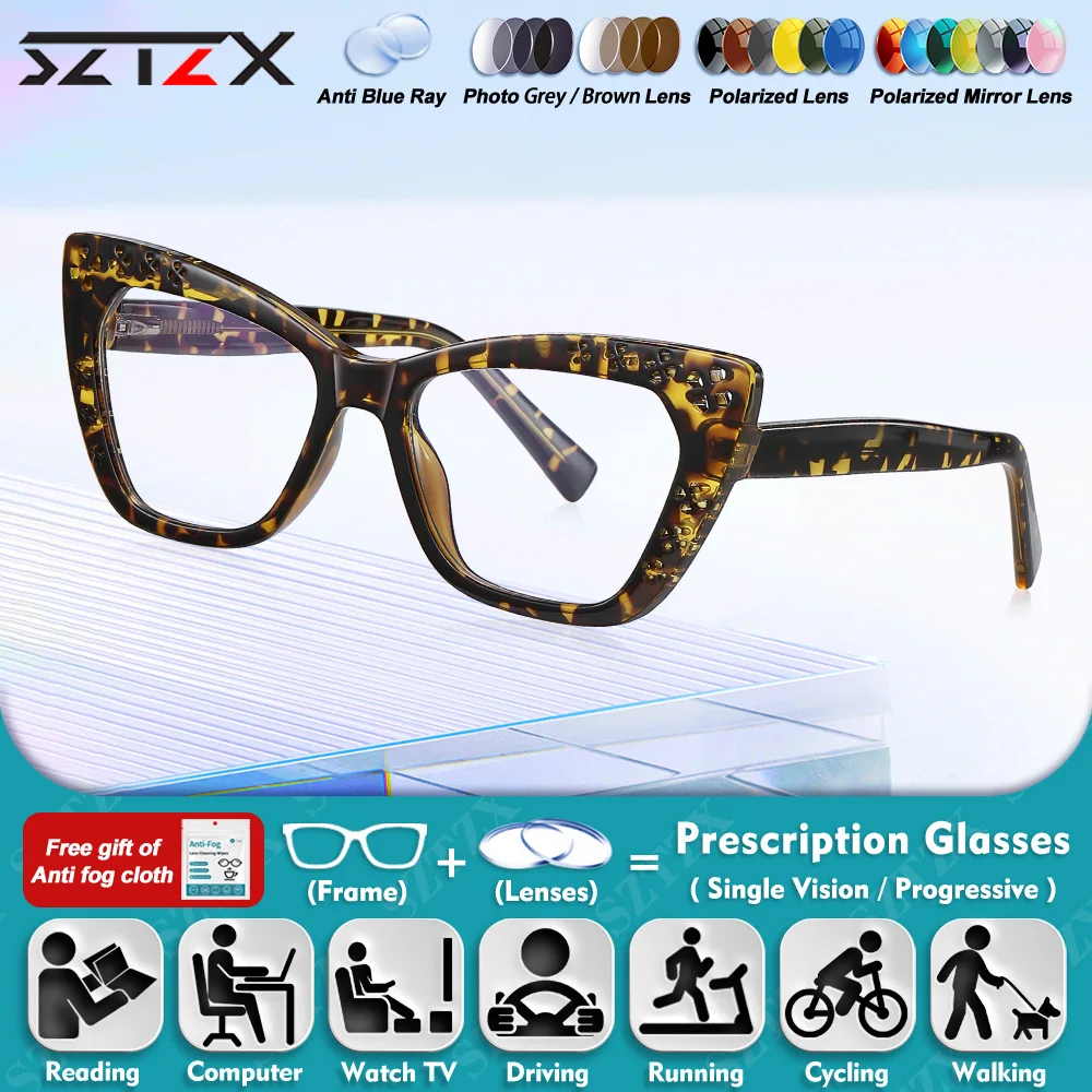 

SZTZX Casual Versatile Cat Eye Design Myopia Reading Glasses Hollow-Out Design Blue Light Filter Multifocal Prescription Eyeware