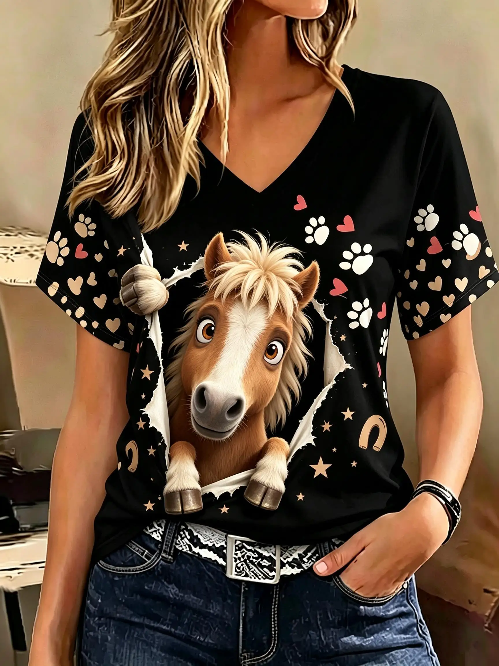 Women V‑Neck Short Sleeve T‑Shirt Cartoon Peeking Animal Print Tee Ripped Fabric Effect Paw Heart Graphic Ladies Top